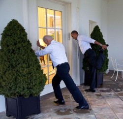 Mr President, I know you're hard headed, but you'll never push the building with your cranium. Use your arms like Uncle Joe.